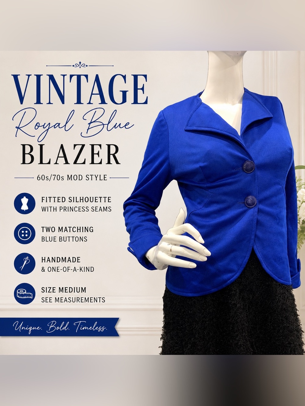Vintage Royal Blue Women's Blazer - Fitted Mod Style